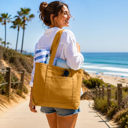 DALIX 20" Solid Color Cotton Canvas Shopping Tote Bag in Butterscotch - color: Butterscotch
