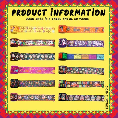 12 Rolls 60 Yard Day of the Dead Wired Ribbon for Wreath Craft Bow - style: Day of the Dead