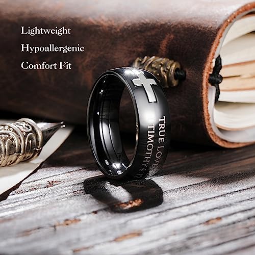 King Will Stainless Steel Men Ring Lord's Prayer Cross Ring Stainless Steel Men Wedding Ring, Wedding Band Bible Engraved Rings High Polished, Comfort Fit - color: Black Silver