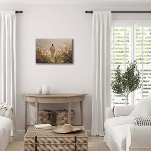 Framed Jesus Wall Art Jesus and the Lamb Walking Among Flowers Christian Poster Print Religious Art Canvas Painting for Living Room, Church, Prayer Room, Bedroom, etc., 16x24 in - color: Jesus Wildflower Sheep3, size: 16x24 Inches