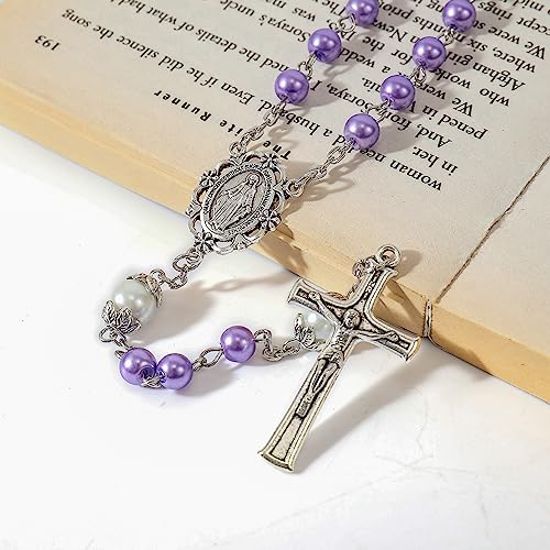 Nazareth Store Pearl Beads Rosary White Our Father Beaded Necklace Lourdes Medal & Cross Crucifix Spiritual Devotion - color: Purple
