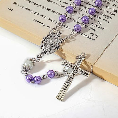 Nazareth Store Pearl Beads Rosary White Our Father Beaded Necklace Lourdes Medal & Cross Crucifix Spiritual Devotion - color: Purple