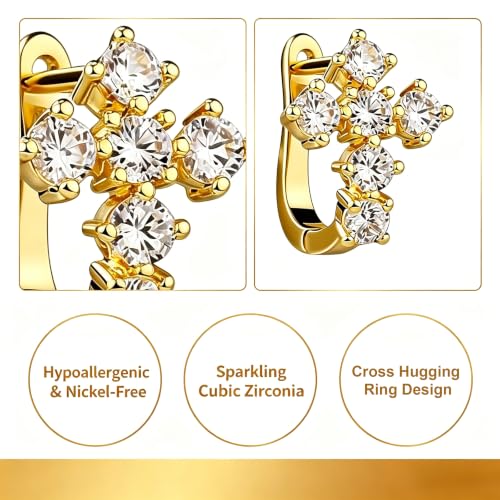 1 Pair Cubic Zirconia Cross Earrings,Dangle Drop Cross Earrings,Hypoallergenic Huggie Hoop Earrings,Gold Tone Hoop Earrings for Women Men,Trendy Dainty Christian Easter Christmas Jewelry Gift(Gold)