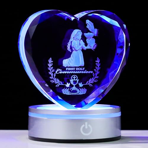Qianwei First Communion Gifts for Girls, 3D Engraving Crystal Praying Girl Figurine First 1st Communion Veil Decoration, Baptism Gifts for Girls Catholic - color: Communion-girl-heart