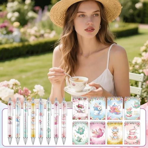 48 Pcs Tea Party Favors Tea Notebook with Floral Ballpoint Pens - style: Tea
