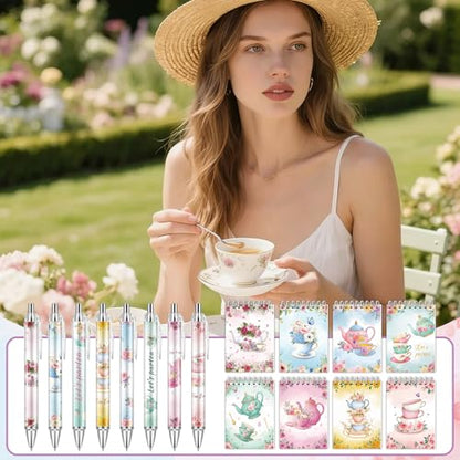 48 Pcs Tea Party Favors Tea Notebook with Floral Ballpoint Pens - style: Tea