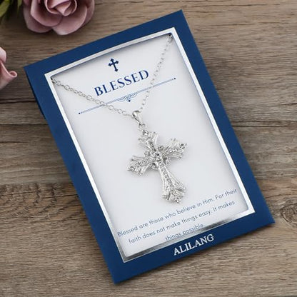 Alilang Silvery Tone Celtic Cross Pendant Necklace with Religious Message Card & Envelope Christian Jewelry - style: Blessed