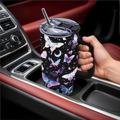 40oz Tumbler with Handle & Straw, Butterfly Gifts for Women - color: Butterfly-Black