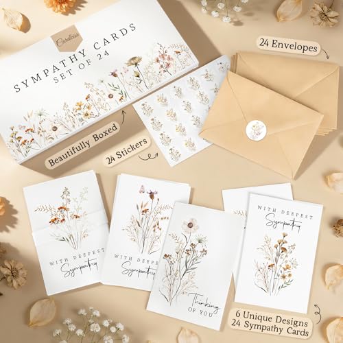 24 Pcs Bulk Sympathy Cards with Envelopes, Condolence Cards with 6 Designs