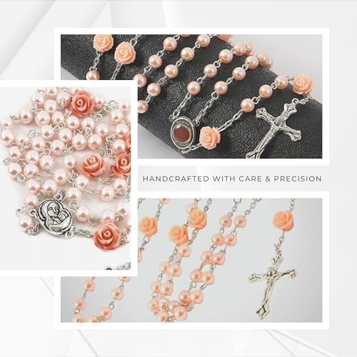 Nazareth Store Pink Pearl Catholic Rosary Necklace with 6mm Beads Rose Markers Madonna Holy Soil Medal Silver-Plated Crucifix 20 Inch