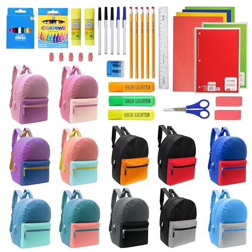 12 Pack 17" Bulk Backpacks with 52 Piece School Supply Kit , 12 Colors - color: 2 Tone, size: 52 Piece SS Kit