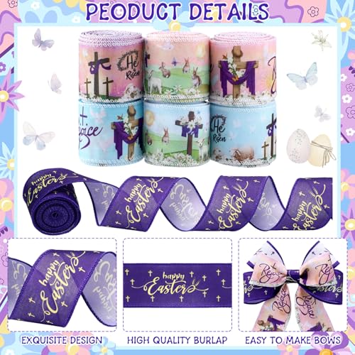 12 Rolls Spring Easter Ribbon He is Risen Cross Egg Wired Burlap Ribbon 2 Inch x 60 Lavender Purple Easter Decor Ribbons for Spring Wreath Tree Bow DIY Crafts Gift Wrapping Party Supplies 12 Styles - style: He is Risen