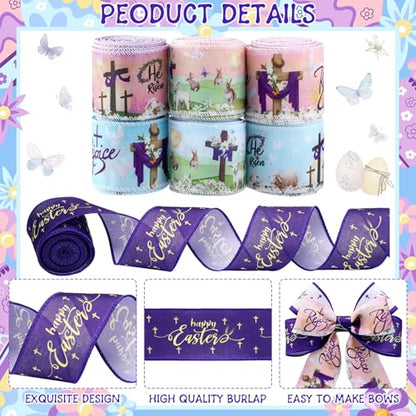 12 Rolls Spring Easter Ribbon He is Risen Cross Egg Wired Burlap Ribbon 2 Inch x 60 Lavender Purple Easter Decor Ribbons for Spring Wreath Tree Bow DIY Crafts Gift Wrapping Party Supplies 12 Styles - style: He is Risen