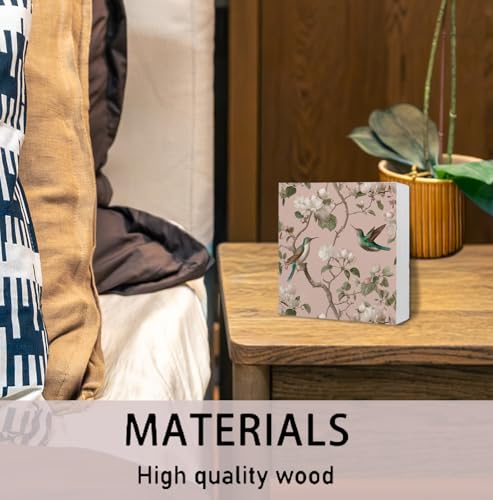 Spring Hummingbird Floral Wooden Box Sign, Hummingbird Gifts for Women, Elegant Pink Cherry Blossom Humming Birds Wood Signs for Home Bedroom Desk Table Shelf Decoration, 5x5 Inch - color: Spring Floral