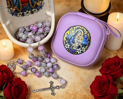 Handmade Rosary Beads for Women, Elegant Catholic Gifts for First Communion, Confirmation & Spiritual Prayer, Unique Beaded Rosary Necklace with Zippered Case - color: Light Purple - Madonna And Child