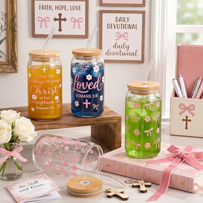 Glass Cups with Lids and Straws, 4Pack, 16oz, Pink Bow Pink - color: Christian Pink Ribbon