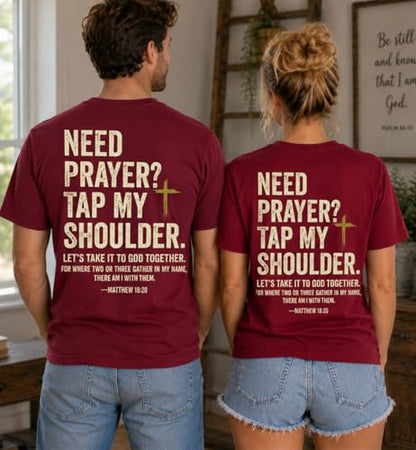 Christian Shirts for Men Women Need Prayer Tap My Shoulder Shirt Christian Religious Faith Bible Verse Cross Shirt - color: Claret, size: Large