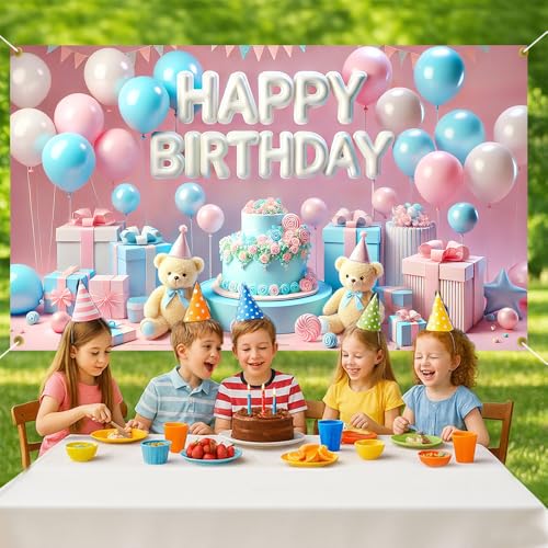 Happy Birthday Backdrop 70.8x43.3in, Pink Blue Pastel Teddy Bear Photography Background Photo Booth Banner Spring Easter Birthday Party Decorations Supplies for Baby Girls Boys Kids Toddlers - color: Colorfulb232, size: 70.8 x 43.3 Inch