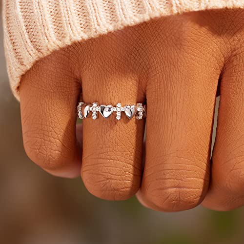 STORYJEWELLERY Cross Rings for Women, 925 Sterling Silver Purity Ring with Cubic Zirconia, Dainty Christian Jewelry, Confirmation and Baptism Gifts - color: Cross Heart Ring - 925 Sterling Silver