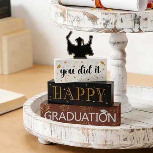 4 Pcs Class of 2026 Wooden Block Signs Senior 2026 Graduation Table Decorations Graduation Tiered Tray Decorations Graduation Centerpieces for Tables Congrats Grad Tabletop for Home Decor - style: Graduation