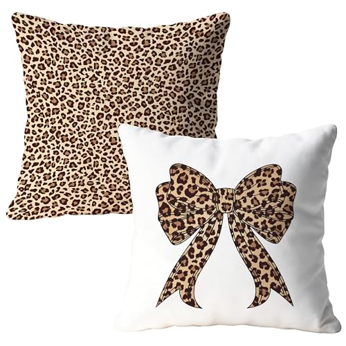 Coquette Leopard Print Bow Pillow Covers 18x18 Set of 2, Leopard Room Decor, Trendy Preppy Cheetah Print Bow Decorative Throw Pillow Covers for Girls Dorm Bedroom Apartment Home - color: Color-11