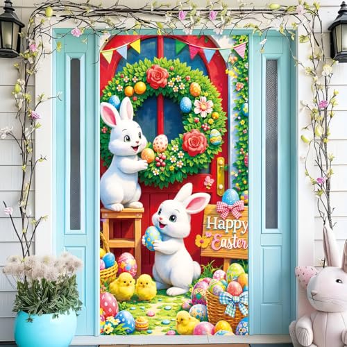 Happy Easter Bunny Door Banner, 30x75 Inch Outdoor Easter Decor with Rabbit Chick and Colorful Eggs, Large Spring Party Banner for Front Door Fence Garden Easter Celebration - color: multicolored#mf2602033