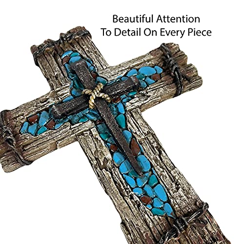 Urbalabs Western Distressed Railroad Spike Teal Barbwire Country Ranch Wall Decor 12 Christian Wall Cross Decor Marriage Gifts Tooled Wall Hanging Crosses Turquoise Gem Stone