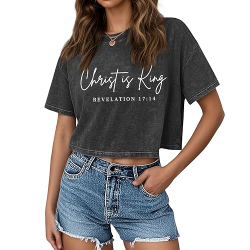 KIEKIECOO Womens Cropped Acid Wash Tshirt Vintage Christian Graphic Crop Tops Tees Oversized Christ is King Faith Gifts Shirt - color: Black, size: Medium