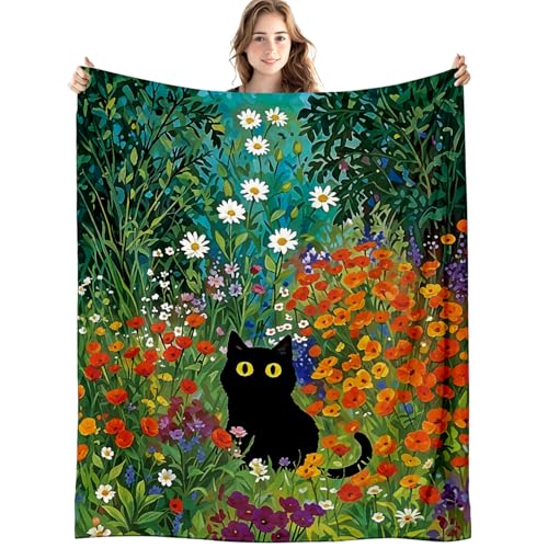 Black Cat Floral Blanket, Cottagecore Colorful Wildflower Cats Throw Blankets for Home Bedroom Living Room Couch Bed Decor, Black Cat Mom Lovers Gifts for Women, 50x60 Inch - color: 04-funny Black Cat(blanket-04)
