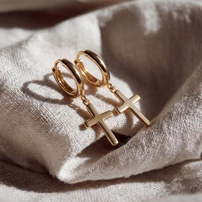 MYEARS Women Earrings Gold Huggie Hoop Dangle Drop 14K Gold Plated Small Simple Hypoallergenic Everyday Jewelry - style: Cross
