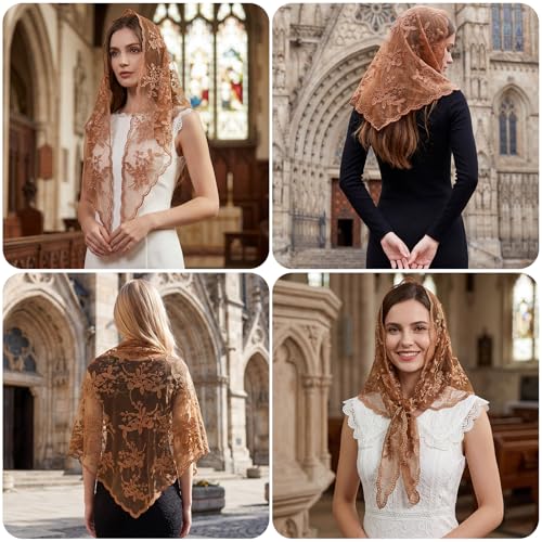 Lystaii Triangle Lace Mantilla Veil Catholic Chapel Head Covering Scarf - color: Brown