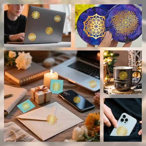 9Pcs Golden Self Adhesive Stickers 4cmx4cm Flower Metal Decal Mandala Waterproof Decorate Sticker for Scrapbooks DIY Resin Crafts Phone Water Bottle Decoration - style: mandala