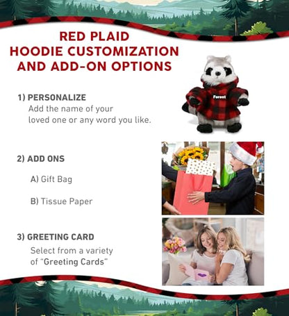 DolliBu Super Soft Raccoon Stuffed Animal with Plaid Red Hoodie Sweater and Personalization - Raccoon Plush Lumberjack Stuffed Toy with Plaid Jacket Dress Up for Christmas, Holiday, Winter - 9 Inches
