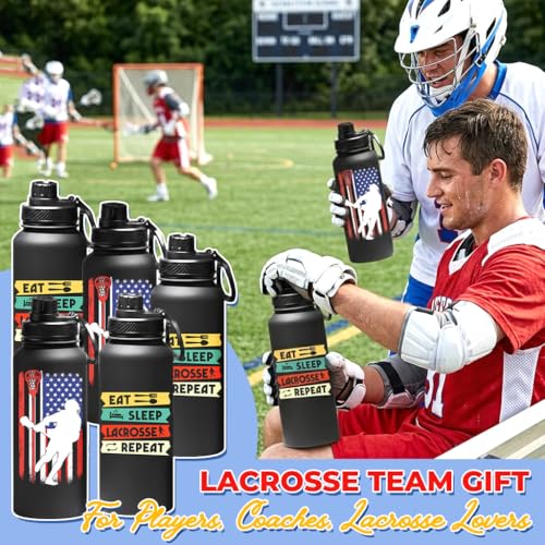 Lacrosse Water Bottle 32oz, Funny Lacrosse Gifts Eat Sleep Lacrosse Repeat, Gifts for Lacrosse Players, Sports Water Bottle for Men Women Boys Girls, Insulated Gym Bottle - color: Lacrosse