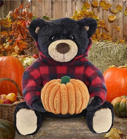 DolliBu Red Plaid Hoodie Black Bear Stuffed Animal with Pumpkin - 10 Inches