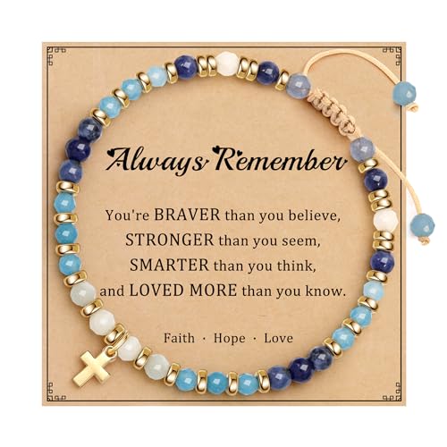 Cross Bracelets for Women Girls, Christian Gifts for Women Natural Stone Beaded Bracelets First Communion Confirmation Baptism Gifts Catholic Easter Christmas Inspirational Gift Jewelry - color: Aquamarine - Always Remember