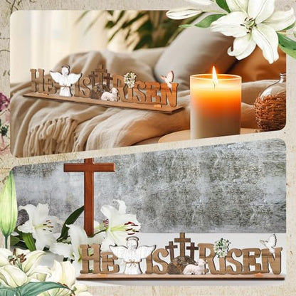 Vercraft Easter Decorations He Is Risen Wooden Sign Religious Table Centerpiece Christian Farmhouse Tabletop Sign for Tiered Tray Decor Fireplace Mantel Room Birthday Spring, 2.2 x 9.7 Inch(Fresh) - style: Fresh