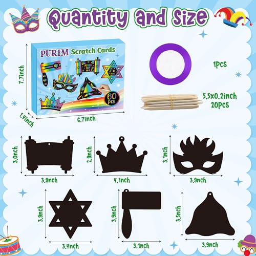 CY2SIDE Purim Day Scratch Cards - 60PCS Jewish Holiday Magic Color Rainbow Paper Bookmarks Craft Kits for Kids Sunday School Classroom Activities Art Project Decorations Religious Easter Party Favor - style: Purim Day