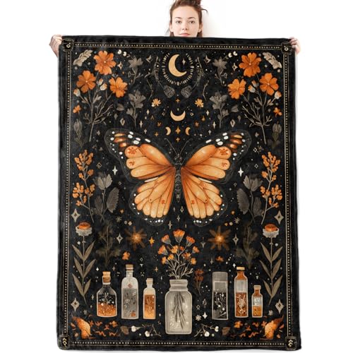 Mystical Butterfly and Moon Flannel Blanket Gifts for Nature Lover,60x50inch,Gothic Floral Throw Blankets with Celestial Night,for Bedroom,Sofa,Living Room,Camping Halloween Home Decor Throws - color: Butterfly, size: 60x50 Inch