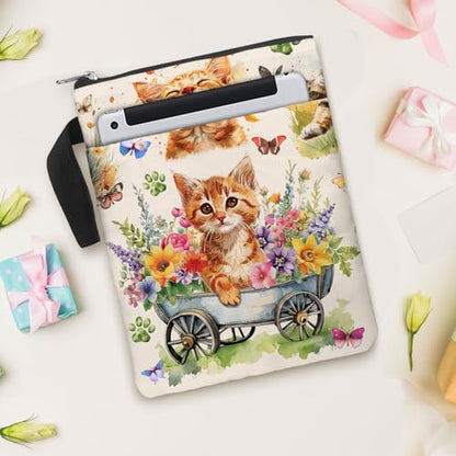 Book Sleeve Gift for Book Lovers. Cover With Zipper and Front Pocket. Washable Fabric 11 X 8.5 Inch Padded Bag. Cat Flower Garden. - color: 4. Cat Flower Garden