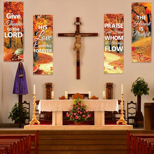 4Pcs Church Banners for Sanctuary Wall Welcome Inspirational Religious Banners Hanging Backdrop Fall Thanksgiving Maple Leaves Trees Church Banner Scripture Bible Verse Banner for Holiday School Decor - style: Red Leaves Fruit