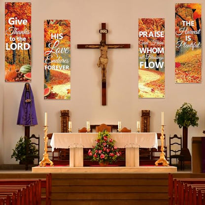 4Pcs Church Banners for Sanctuary Wall Welcome Inspirational Religious Banners Hanging Backdrop Fall Thanksgiving Maple Leaves Trees Church Banner Scripture Bible Verse Banner for Holiday School Decor - style: Red Leaves Fruit