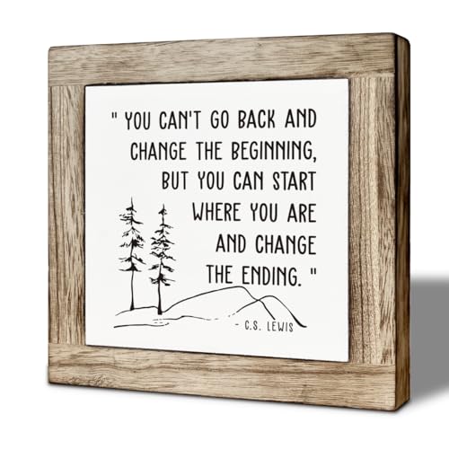 Inspirational Wooden Desk Decor Sign, You Can’t Go Back and Change the Beginning But You Can Start Where You Are and Change the Ending Quote, Motivational Farmhouse Tabletop Gift - color: color26