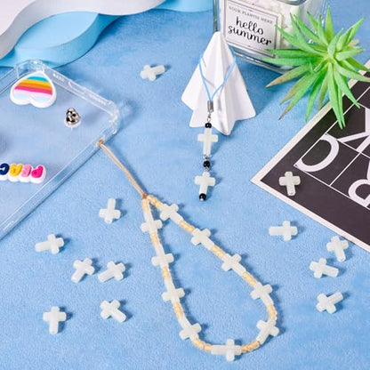 100Pcs Glow in the Dark Acrylic Cross Beads Crucifix Focal Beads White Cross Charms for Easter Pens Keychain Crafts DIY Jesus Bracelet Rosary Jewelry Making Supplies 16x12mm - color: Luminous Mint Cream