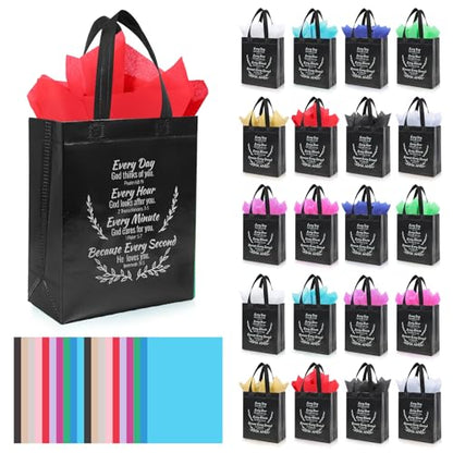 LUAVIARU 40 Pcs Bible Verse Christian Gift Bags Set – 20 Black Reusable Gift Bag with Handles & 20 Tissue Paper, Religious Gift Bag for Church Events, Baptism, Easter, Communion, Congratulations - color: Black, size: 20