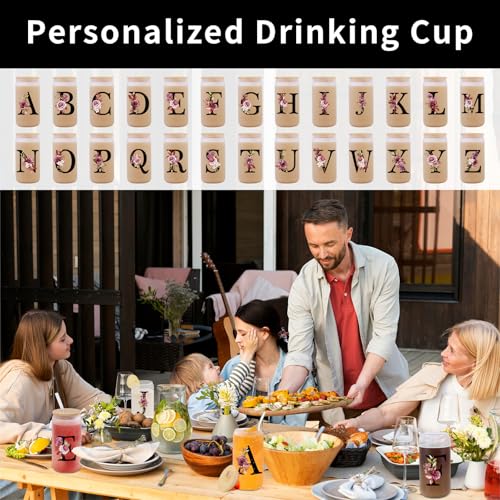 Monogrammed Glass Drinking Cup With Bamboo Lid Straw Customized Iced Coffee Tumbler 16oz Clear Mason Jar Beer Water Smoothie Cocktail Accessories Cool Cute Mug Gift Vasos De Vidrio Con Tapa Popote,A - style: Letter A