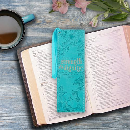 Christian Art Gifts Faux Leather Scripture Bookmark: Strength and Dignity - color: Teal - Strength/Dignity
