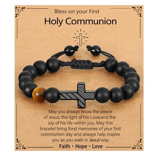 P. BLAKE Cross Bracelet for Boys Men, American Flag Cross Natural Beads Bracelet Christian Religious Birthday Jewelry Gifts for Teen Boys - style: First Communion