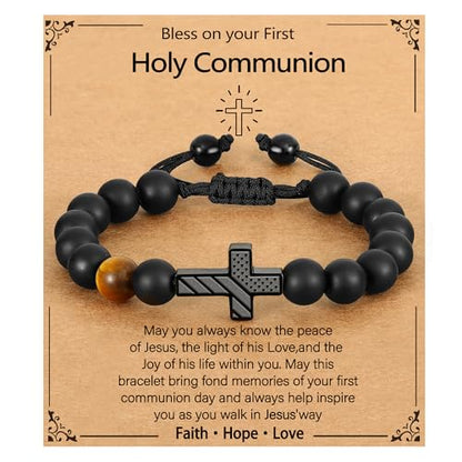 P. BLAKE Cross Bracelet for Boys Men, American Flag Cross Natural Beads Bracelet Christian Religious Birthday Jewelry Gifts for Teen Boys - style: First Communion