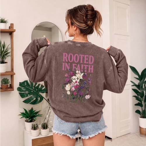 Oversized Christian Long Sleeve Shirts for Women Faith Bible Verse Floral Graphic Tees Acid Wash Vintage Sweatshirts - color: Coffee, size: Large